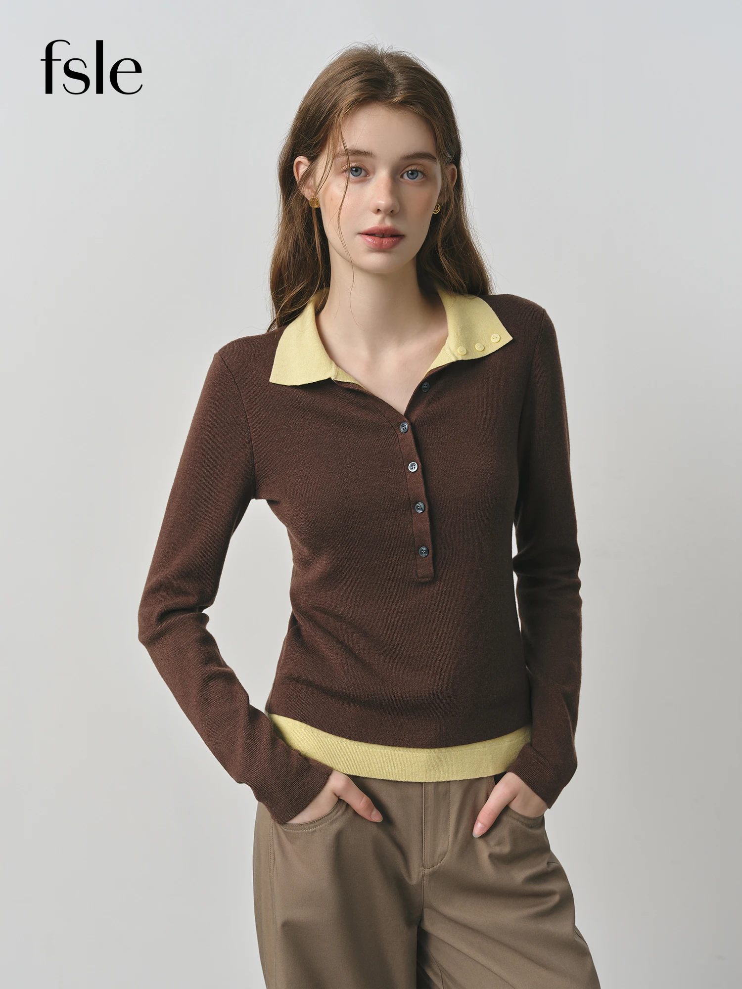 Fsle 2025 novo outono feminino camisola de malha cor bloco barenia estilo falso duas peças gola virada vintage aconchegante cabo malha topo