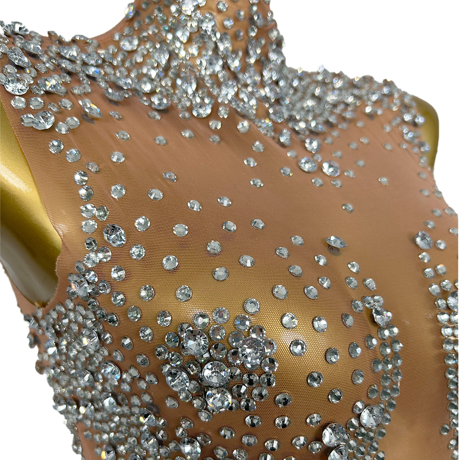 光沢のあるシルバークリスタルとラインストーンの透明なレオタード,Menglongダンス衣装,豪華なダンサーの衣装,ボディスーツの服