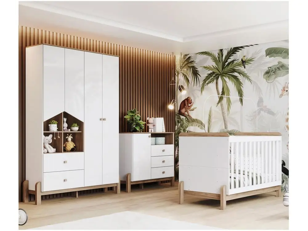Quarto de Bebê Completo com Berço Cômoda e Guarda-roupa Henn Ternura Branco e Jequitibá