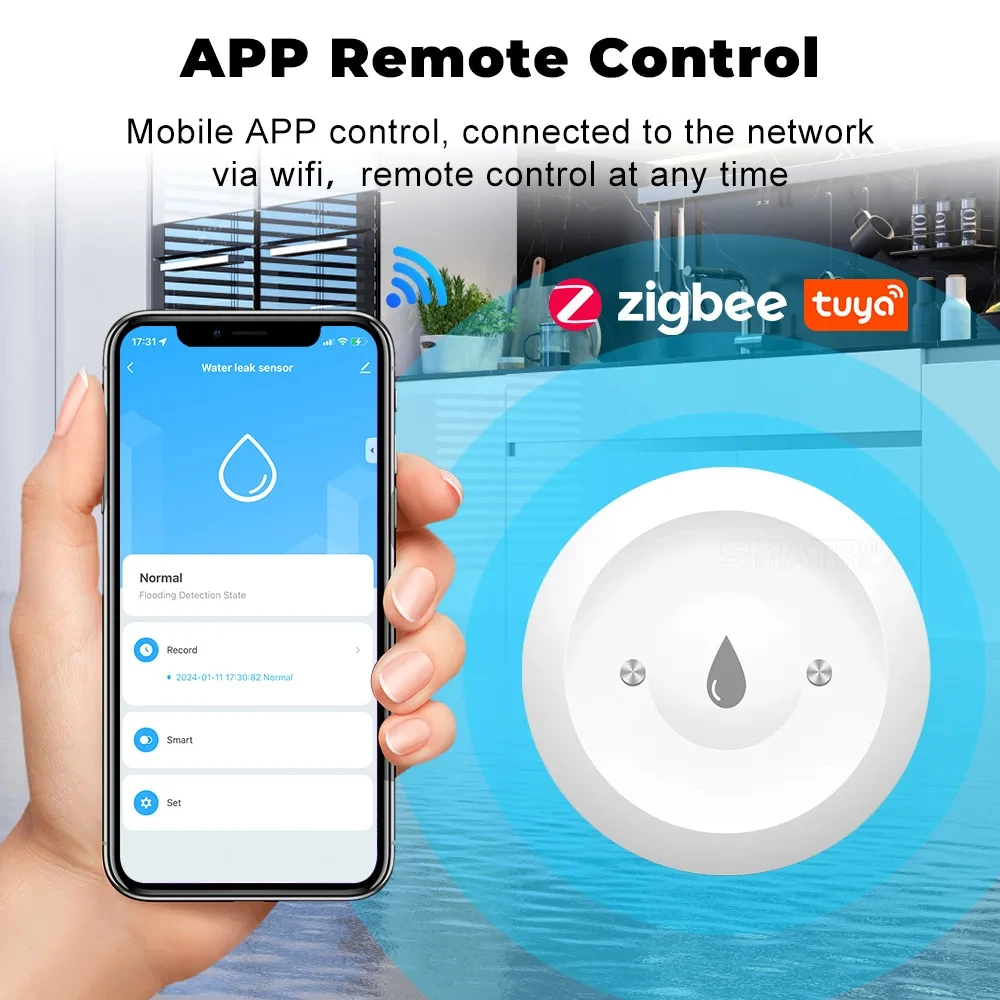 Tuya Zigbee capteur d'eau détecteur de fuite d'inondation liaison d'eau App capteur d'alarme pour cuisine/salle de bain Support vie intelligente Zigbee2mqtt