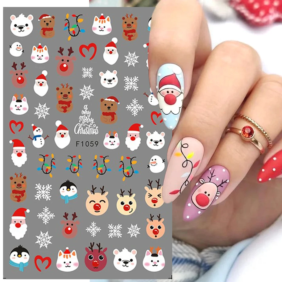 Pegatina navideña 3D para uñas, Papá Noel rojo, copos de nieve, lámpara de neón, pingüino de dibujos animados, gato, ciervo, pájaro, bricolaje, decoración de manicura navideña para invierno