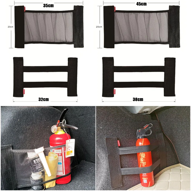 Car Back Rear Trunk Storage Mesh Fixed Straps Car Interior Organizer Extinguisher Storage Net Seat Back Fixing Bag