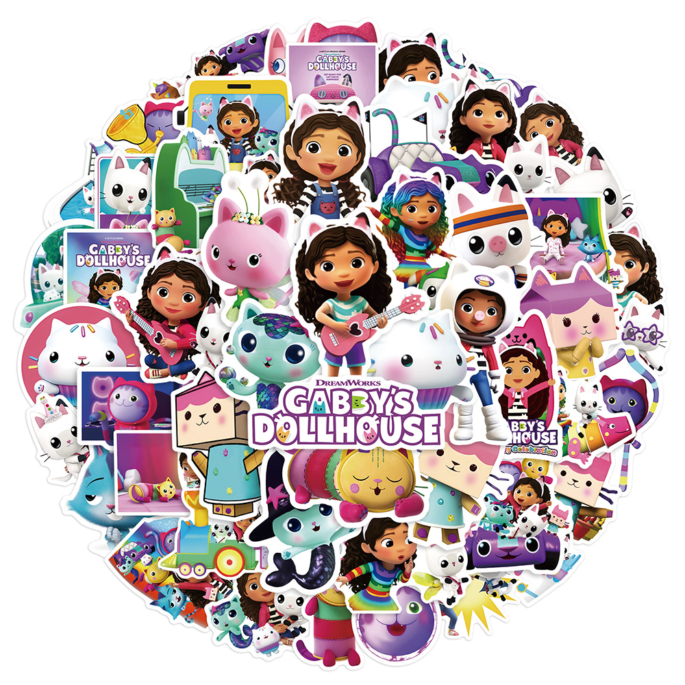 10/30/50 pçs bonito gabby casa de bonecas dos desenhos animados adesivos engraçado animação decalques garrafa água telefone bagagem adesivo para crianças brinquedo presente