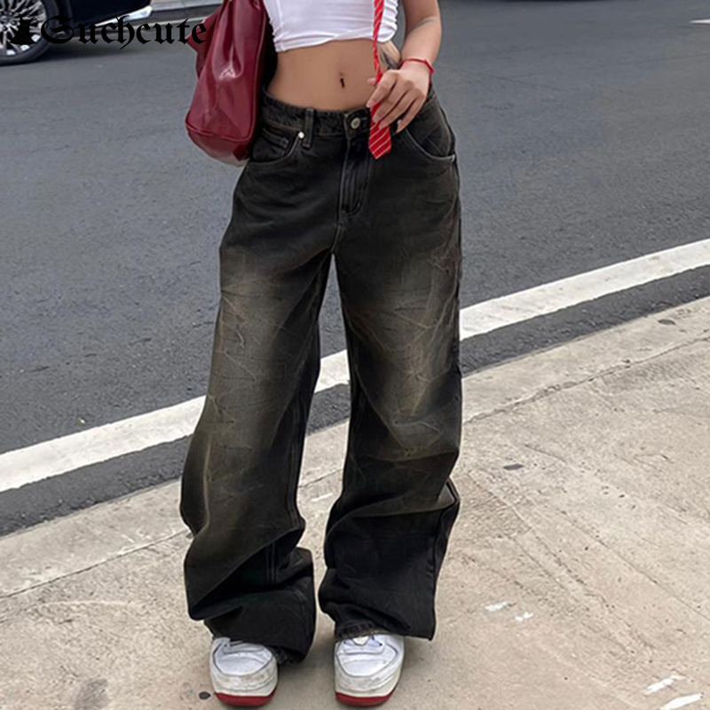 Suchcute calças de brim de cintura baixa para mulheres goth y2k estilo baggy jeans punk novas calças de brim perna larga calças jeans kpop casual solto streetwear