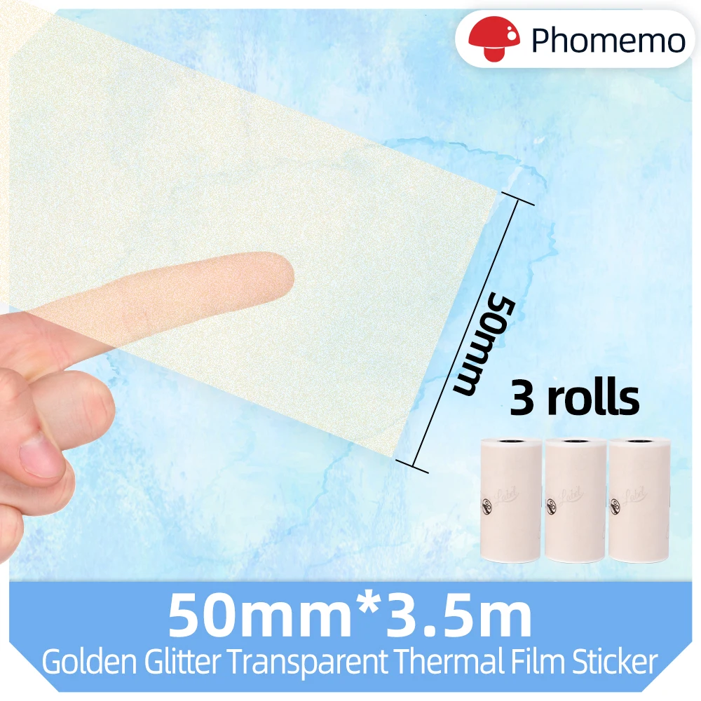 3 Cuộn/Hộp 50Mm * 3.5M Phomemo Vàng Gliter Trong Suốt Tự Dán Nhiệt Dán Nhãn Giấy phomemo M02/M02S/M02Pro Máy In