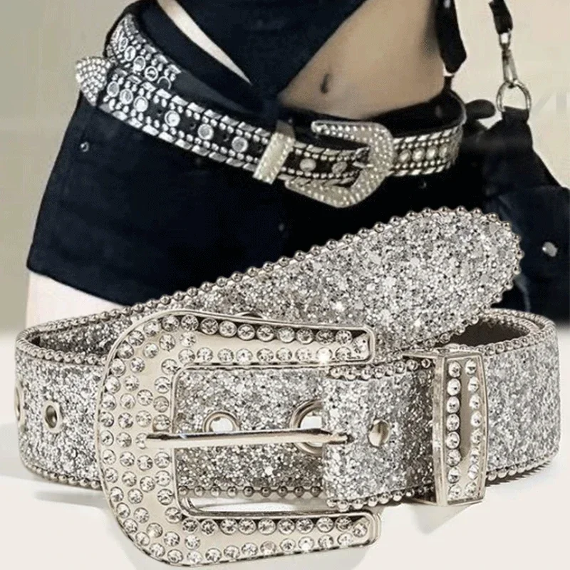 Y2k moda feminina sólida impressão cravejada completa strass cinto de couro do plutônio bling cristal ajustável glitter cintura para festa do clube