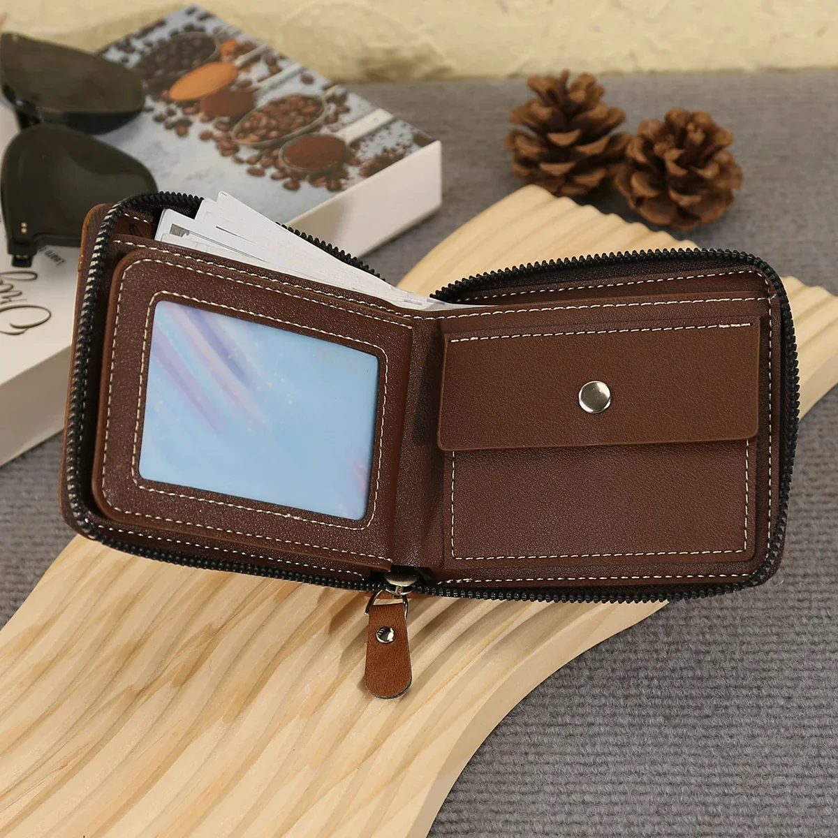 Neue Herren-Business-Geldbörse, klassisch, gespleißt, Kunstleder, kurze Geldbörse mit mehreren Karten, großes Fassungsvermögen, Reißverschluss, Kartentasche, Null-Geldbörse