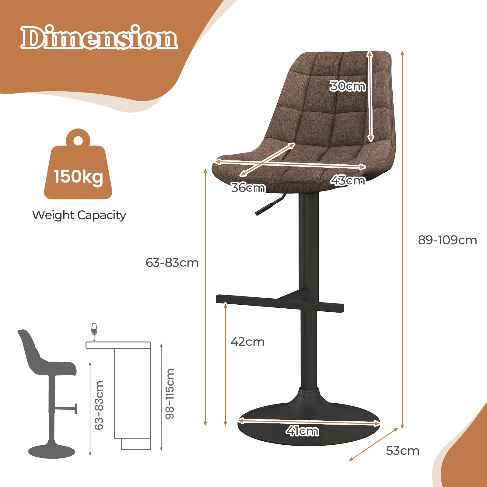 GOFLAME Height Adjustable Bar Stools Set of 2 360°Swivel Upholstered Bar Chairs
