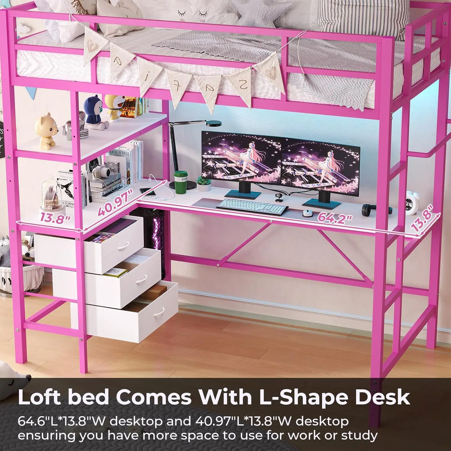 Loft Bed Twin Size with L-Shaped Desk, LED Lights and Charging Station Twin Metal Loft Bed Frame with 3 Storage Shelves