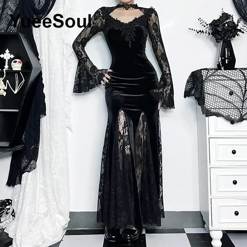 Vestido gótico Grunge Punk de Halloween para mujer, vestidos negros ajustados de encaje de manga larga, novedad de 20224, vestido de fiesta Y2K Harajuku Lolita Fairy Core