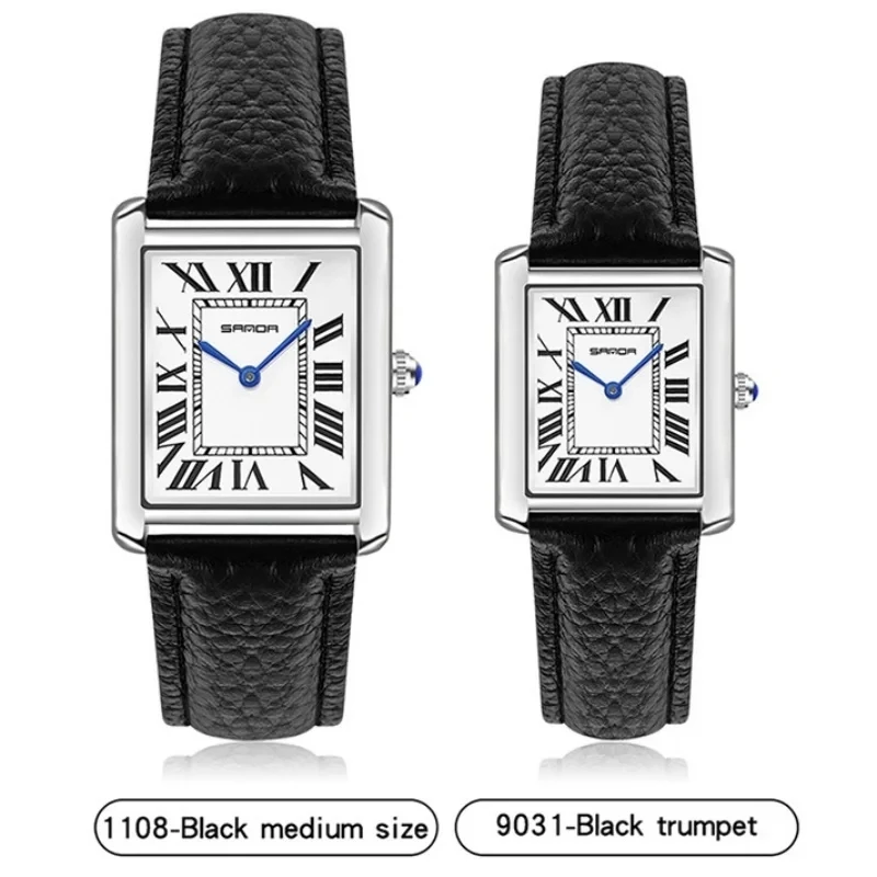 SANDA 1108 9031 Casal Relógio de Quartzo Simples Moda Pequeno Quadrado Prateado Relógio de Pulso com Pulseira de Couro Preto para Homens e Mulheres