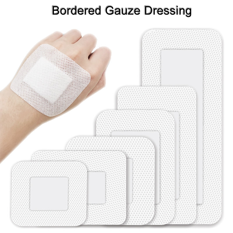 5 ชิ้น Bordered Guaze Pad ฆ่าเชื้อบาดแผลกันน้ํากาวแผลพลาสเตอร์ผ้าพันแผลสติกเกอร์ Home Travel First Aid Kit