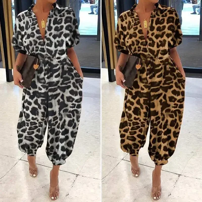 Zomermode V-hals Knop Lace-Up Jumpsuit Korte mouw Losse playsuit Overalls Dames Elegante luipaardprint Zakrompertjes