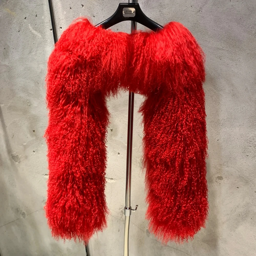 Manga de pele mongol feminina inverno quente pano de pele natural luxo rua wear pano