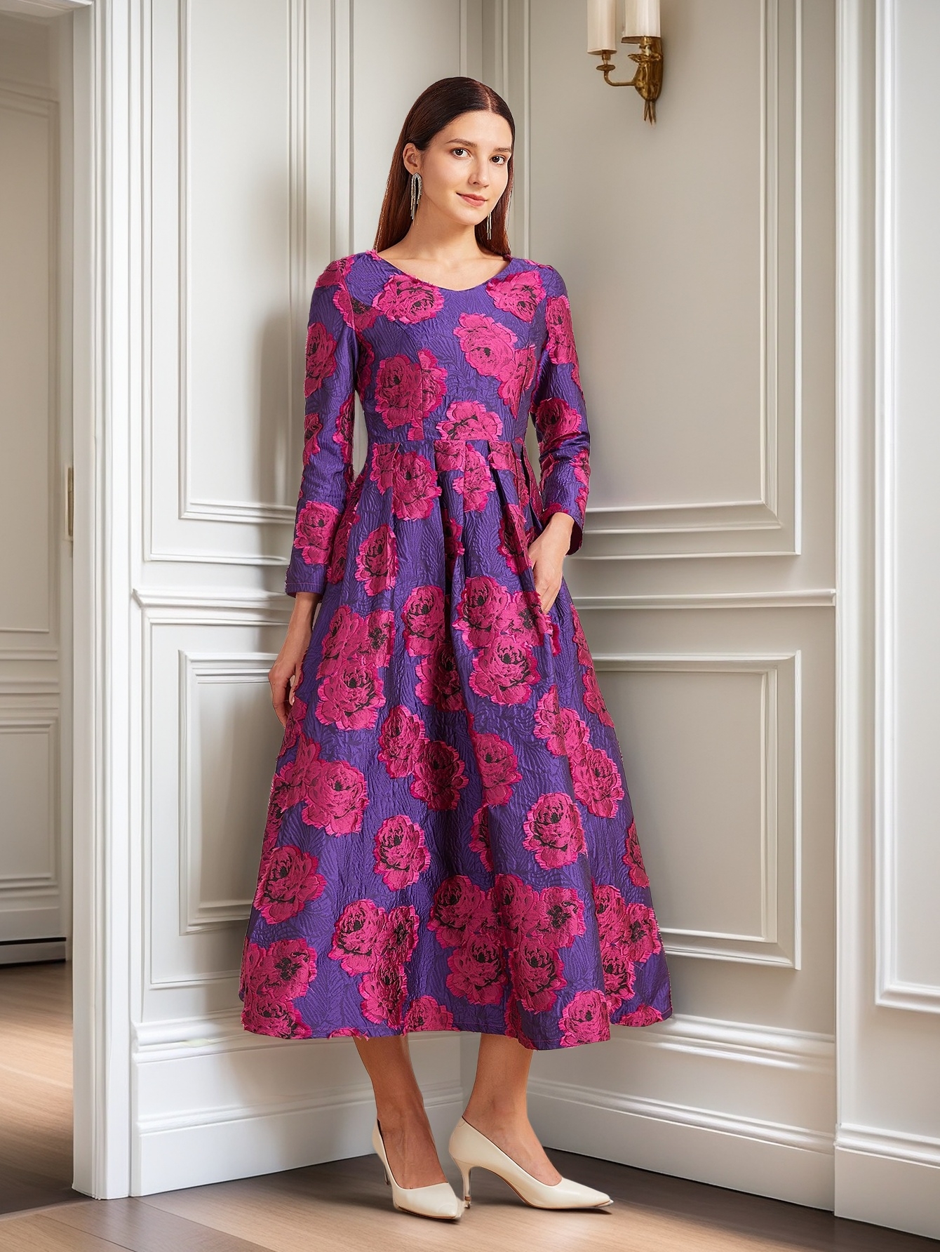 Luxe Lange Jacquard Jurk Voor Vrouwen Maxi Herfst Winter Feestjurk Boho Bloemenmode Avond Kleding Vintage Gewaad