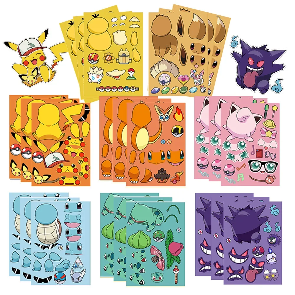 8/16 Sheets Pikachu Puzzle Stickers Make-a-Face Pokemon Assemble Jigsaw DIY Children Cartoon Sticker Kid Educational Toys