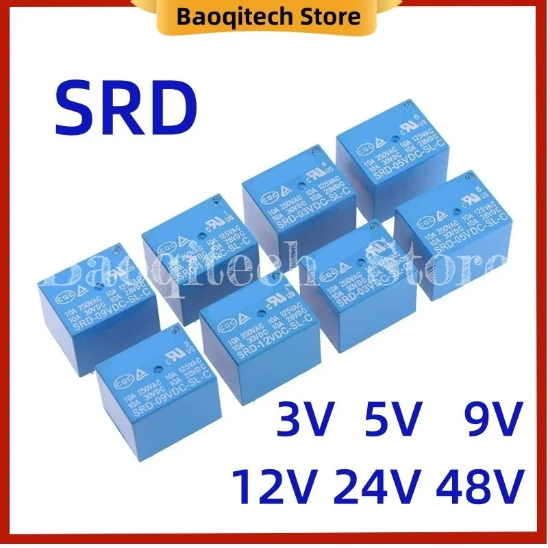 10 20 Uds relé de potencia SRD SRD-03VDC -05VDC-09VDC -12VDC -24VDC-SL-C -A 4/ 5 pines tipo PCB relé de automóvil 10A 12V 24V 48V