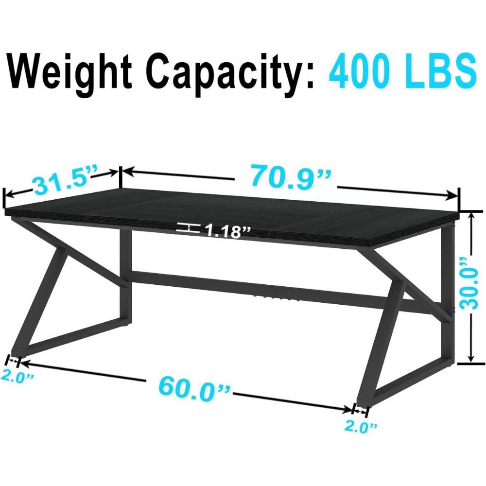 70 Inch Long Black Desk, Large Metal Wood Computer Desk for 2 Monitors, Modern Home Office PC Laptop Desk for 2 People