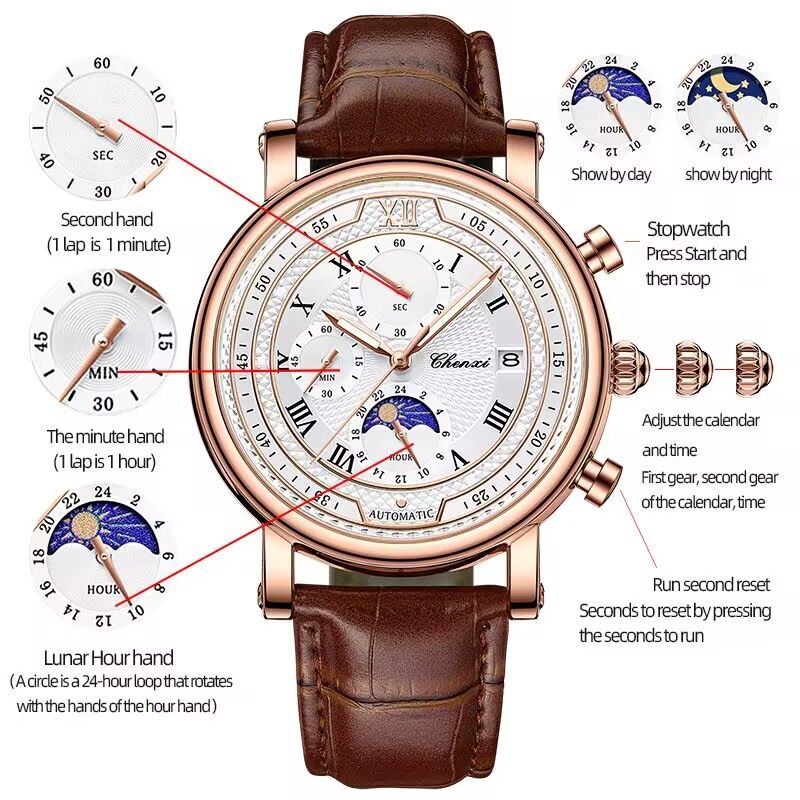 Chenxi 976 cronógrafo de cuero con fecha fase de la luna para hombre reloj de cuarzo luminoso de negocios Relojes para hombres