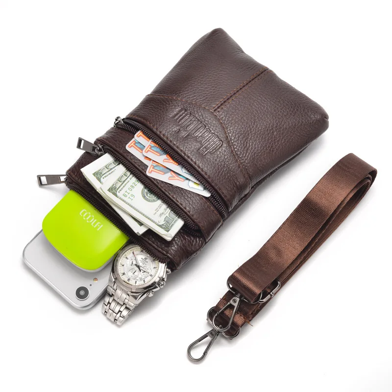 Valigetta da uomo per uomini d'affari, borsa casual per cellulare in pelle bovina con strato superiore, piccola tracolla con cerniera, viaggi d'affari