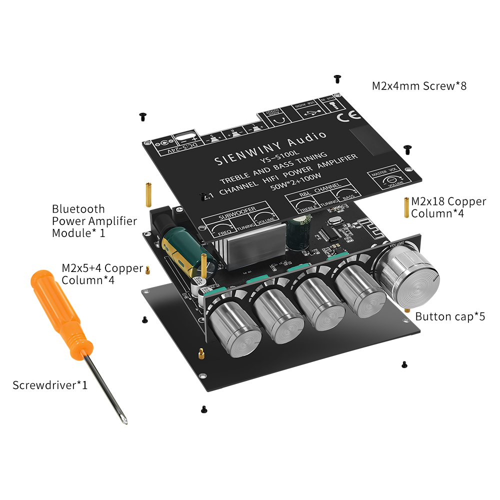 Carte amplificateur Bluetooth 5.0 YS-S100L 2.1 canaux, avec contrôle par application 50Wx2 + 100W, Module d'ampli de puissance Audio HiFi pour caisson de basses