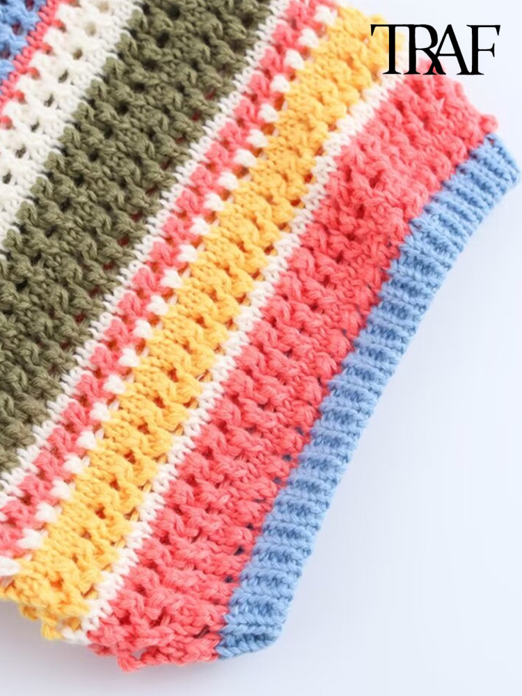 TRAF-Damen-Strickpullover aus gestreiftem Häkelstrick, Polokragen, kurze Ärmel, Knopfleiste, weibliche Oberbekleidung, schicke Oberteile, Mode
