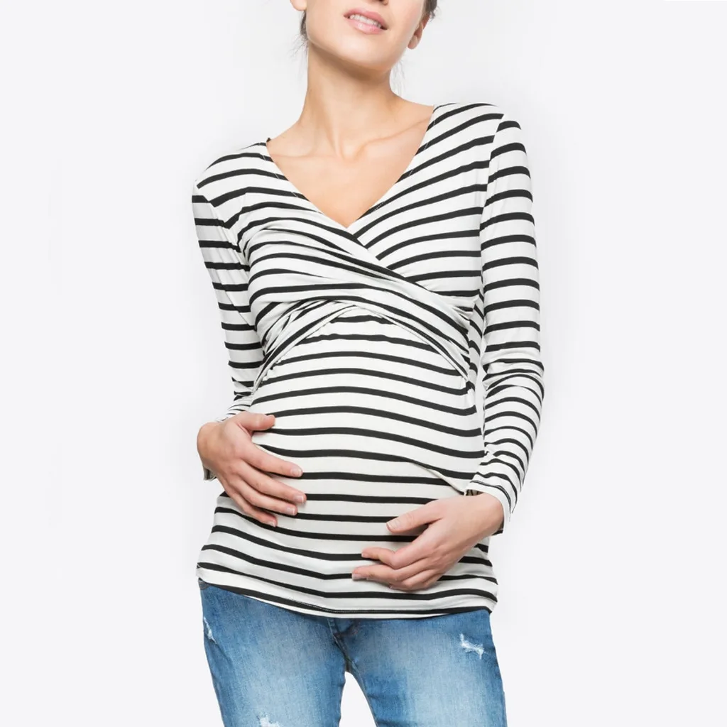 新しい妊婦 Tシャツマタニティブラウス授乳カジュアル長袖トップスストライプ妊娠授乳看護シャツ