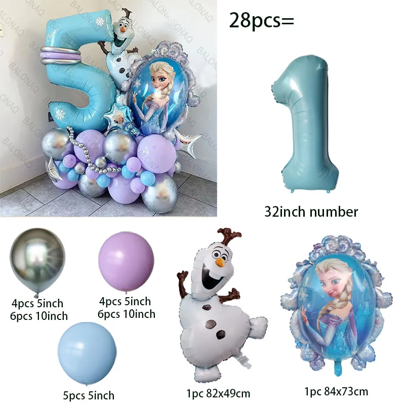 28pcs 냉동 호일 풍선 세트 엘사 공주 만화 테마 파티 장식 소녀 생일 베이비 샤워 웨딩 파티 용품