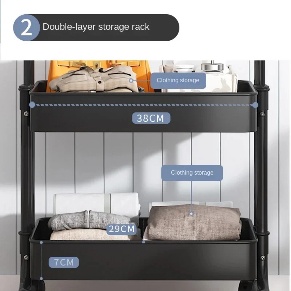 Household Multifunctional Coat Rack Bedroom Clothes Hanger with Universal Wheels 2 Layer Storage Organizer Mobility Stand