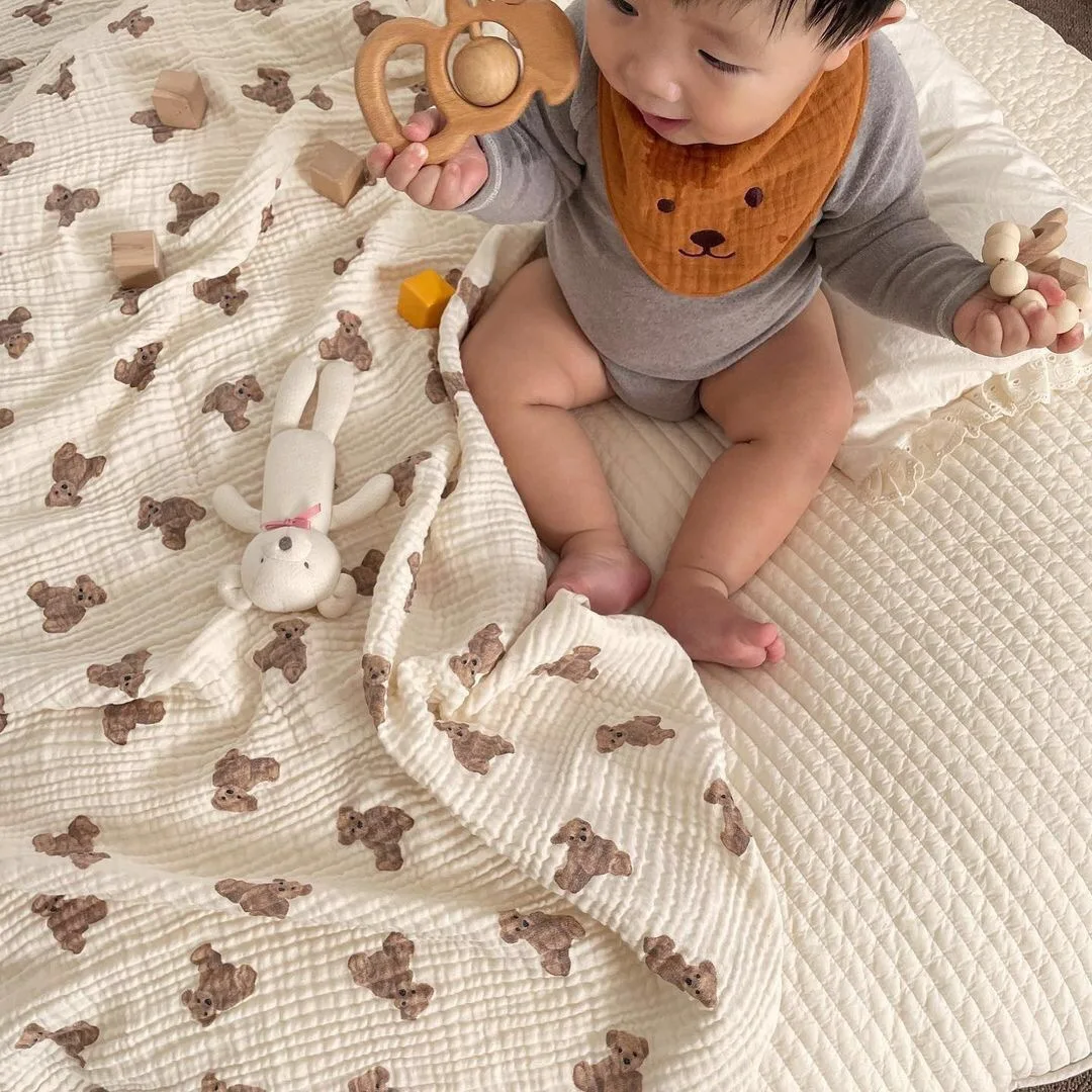 ทารกแรกเกิดหมีพิมพ์ผ้าห่มผ้าฝ้าย Double Gauze ผ้าห่มผ้าห่มเด็กผ้าเช็ดตัวผ้าห่มเด็กผ้าห่มเด็ก Swaddle