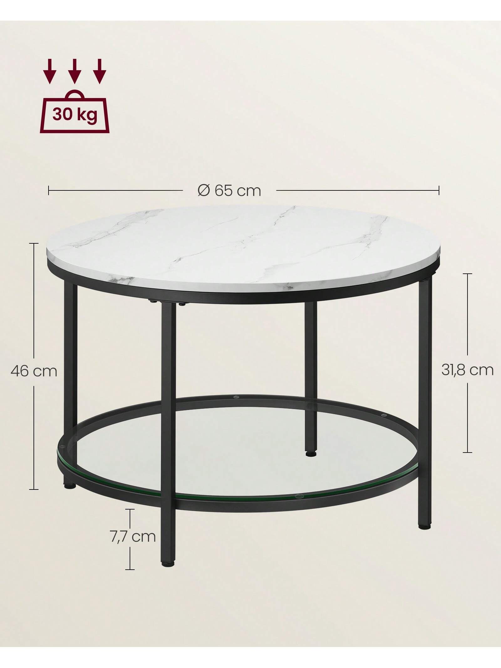 Mesa de centro VASAGLE: parte superior redonda de mármol de imitación, estante de cristal Montaje fácil, estilo moderno para sala de estar. Mármol Blanco/tinta negra