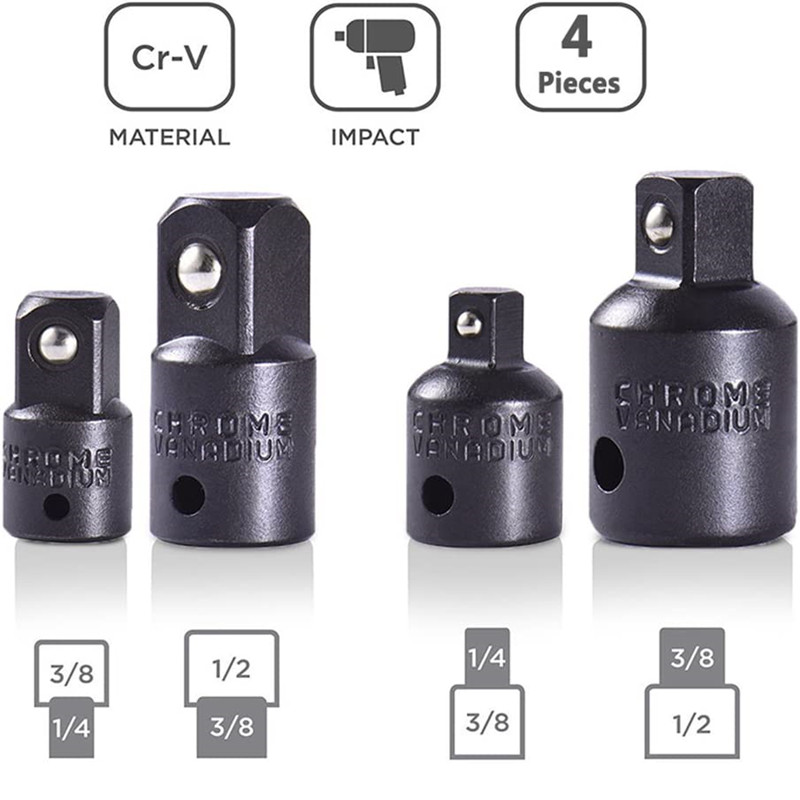 Kit conversor redutor de adaptador de soquete de catraca quadrado de 4 PEÇAS, 1/4 polegadas, 3/8 polegadas, conversor de unidade de 1/2 polegadas para automotivo e con