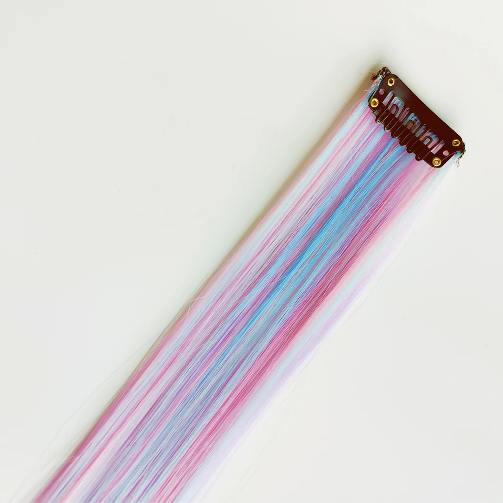 Grampo em uma peça de extensão de cabelo 6 unidades/pacote cor unicórnio arco-íris rosa azul roxo cor misturada clipe em acessórios de cabelo sintético