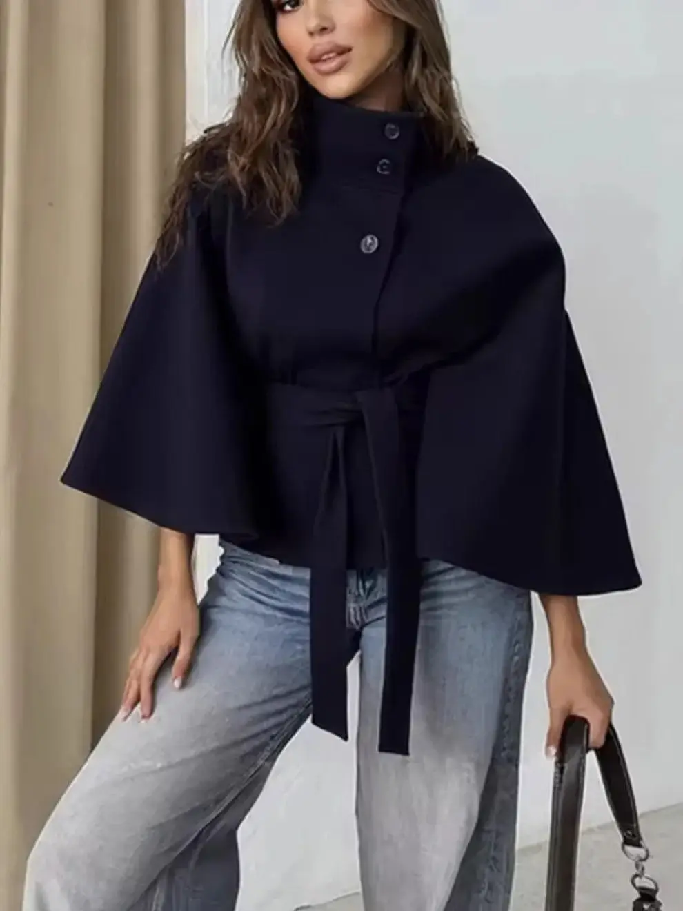 2026 novo rendas até jaquetas de pescoço alto para mulheres cinto mistura de lã falsa casacos outono inverno quente elegante casaco senhoras