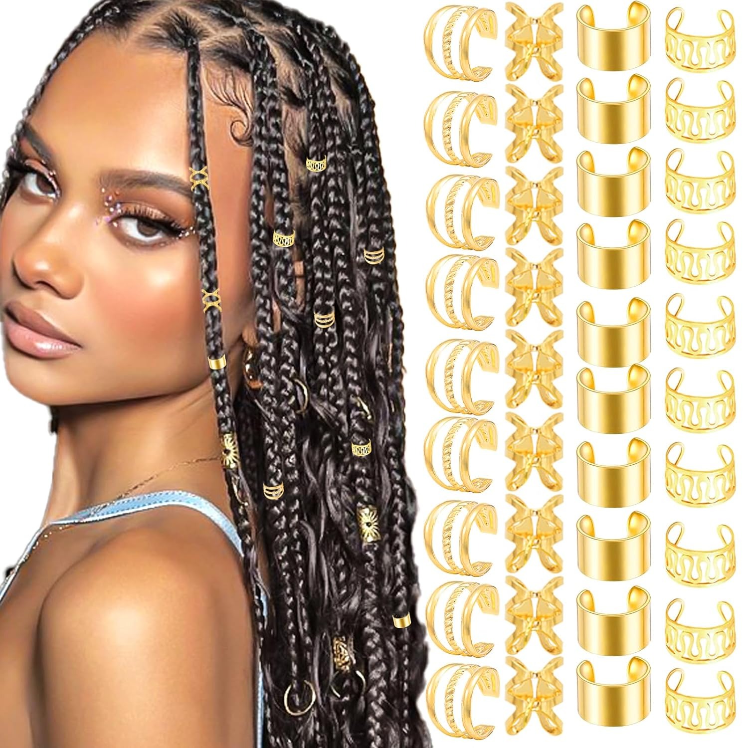 40PCS เครื่องประดับผมสําหรับ Braids ทองผม Cuffs หลายสไตล์แหวนปรับลูกปัดสําหรับ Braid Loc Dreadlock อุปกรณ์เสริม