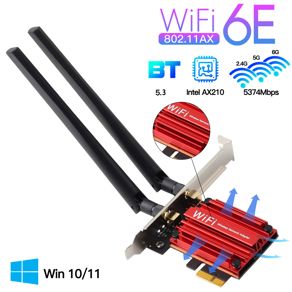 Adaptador WiFi 6E 5400Mbps PCIe Wifi AX210 tarjeta de red inalámbrica AXE3000 BT5.3 2,4/5/6GHz 5374Mbps MU-MIMO 802.11ax para Win 10/11