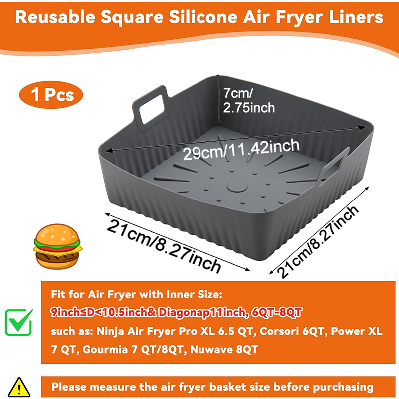 Molde cuadrado grande de silicona para freidora de aire, 23cm, 9 pulgadas, bandeja para freidora de aire de silicona reutilizable de 6 a 8 cuartos, cesta para freidora de aire Ninja