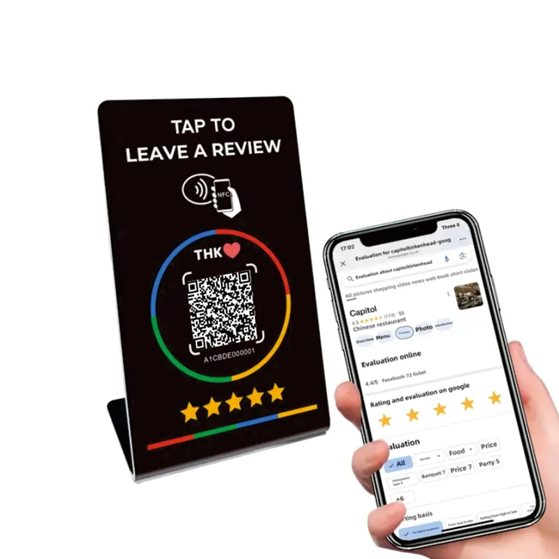 NFC 215, programmeerbare QR-code Google Review Card NFC-stationtabel NFC Google Reviews-display buigkaart staande merkbeugel