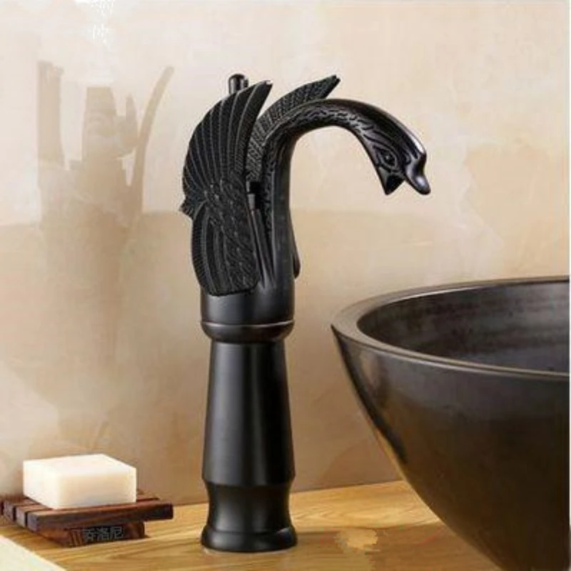 Grifos de lavabo de cisne alto, grifos mezcladores de baño de lujo, grifos de latón caliente y frío, grifo chapado en oro de un solo orificio
