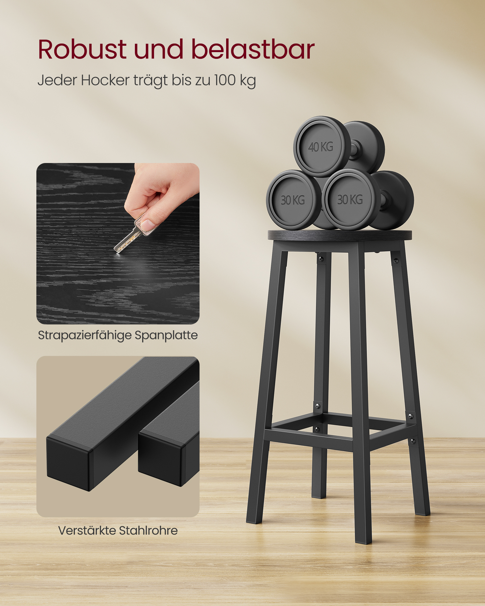 VASAGLE Barhocker Barstühle (Set, 2 St), bis 100kg belastbar