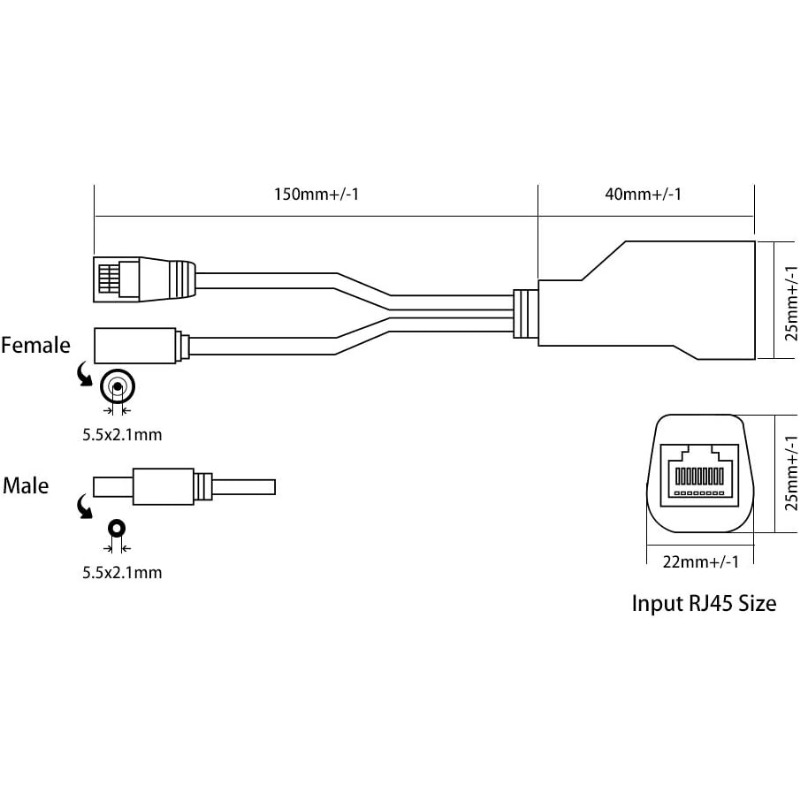 1 par de cabo adaptador passivo power over ethernet, cabo poe, divisor rj45, módulo de fonte de alimentação do injetor 12-48v para ip camea