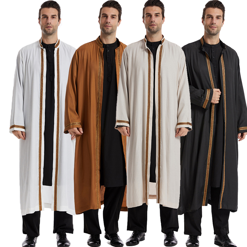 Homens abertos abaya muçulmano saudita jubba thobe roupas islâmicas ramadan quimono manga longa robe caftan dubai gola vestido árabe