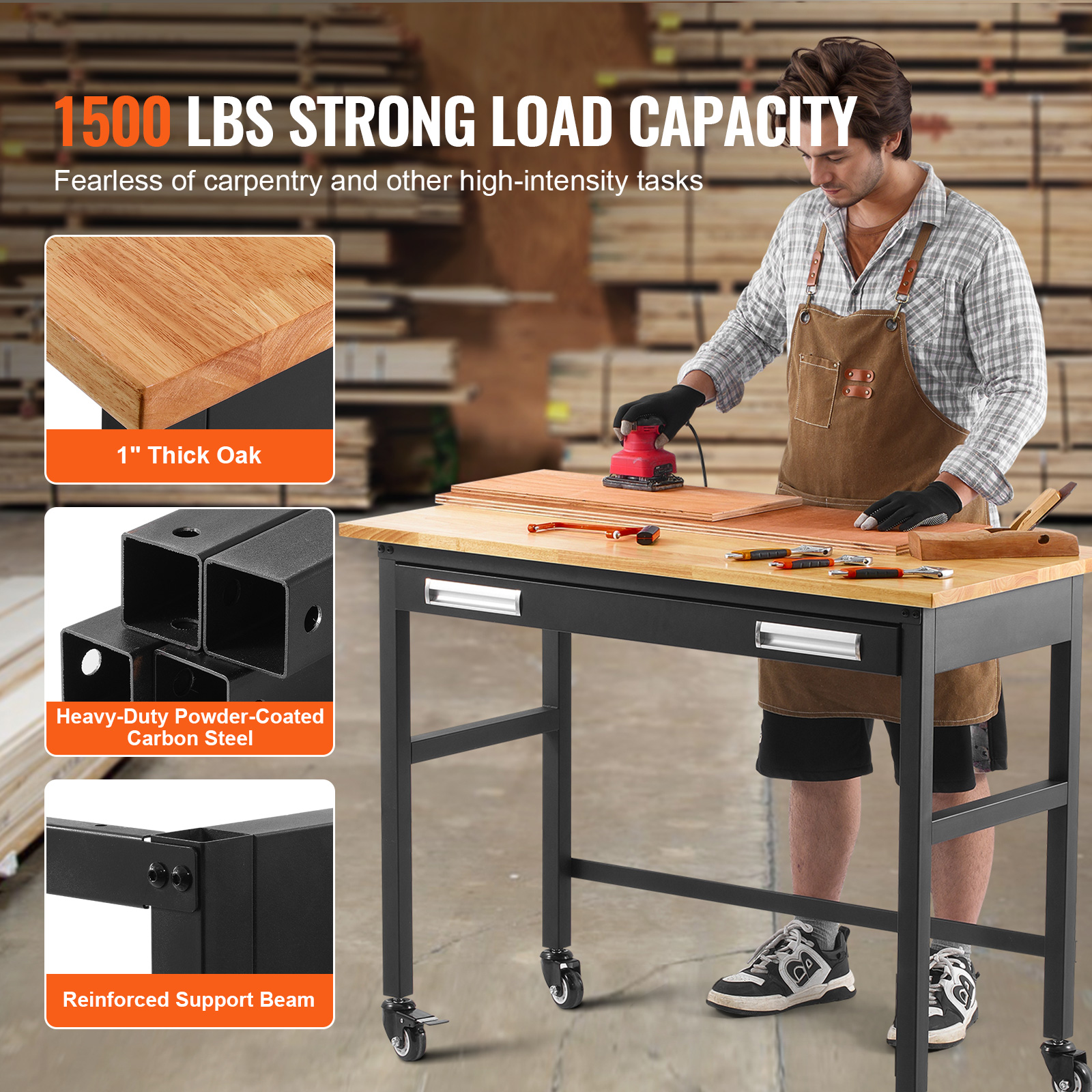 VEVOR 1500 lb banc de travail établi de garage roulant sur roulettes avec tiroir coulissant rangement table de travail supérieure en bois de chêne pour atelier
