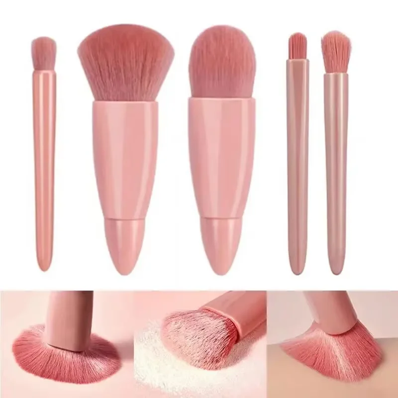 Juego de brochas de maquillaje de tamaño de viaje de 5 uds Mini brochas de maquillaje, Kit de brochas cosméticas de función completa pequeña con estuche y espejo 5 uds T
