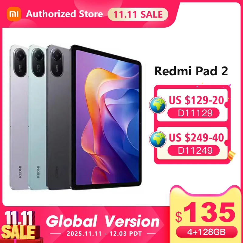 Глобальная версия Xiaomi Redmi Pad 2 Аккумулятор 9000 мАч MTK Helio G100-Ultra 11-дюймовый дисплей Быстрая зарядка Планшет 90 Гц 8 МП HD-камера