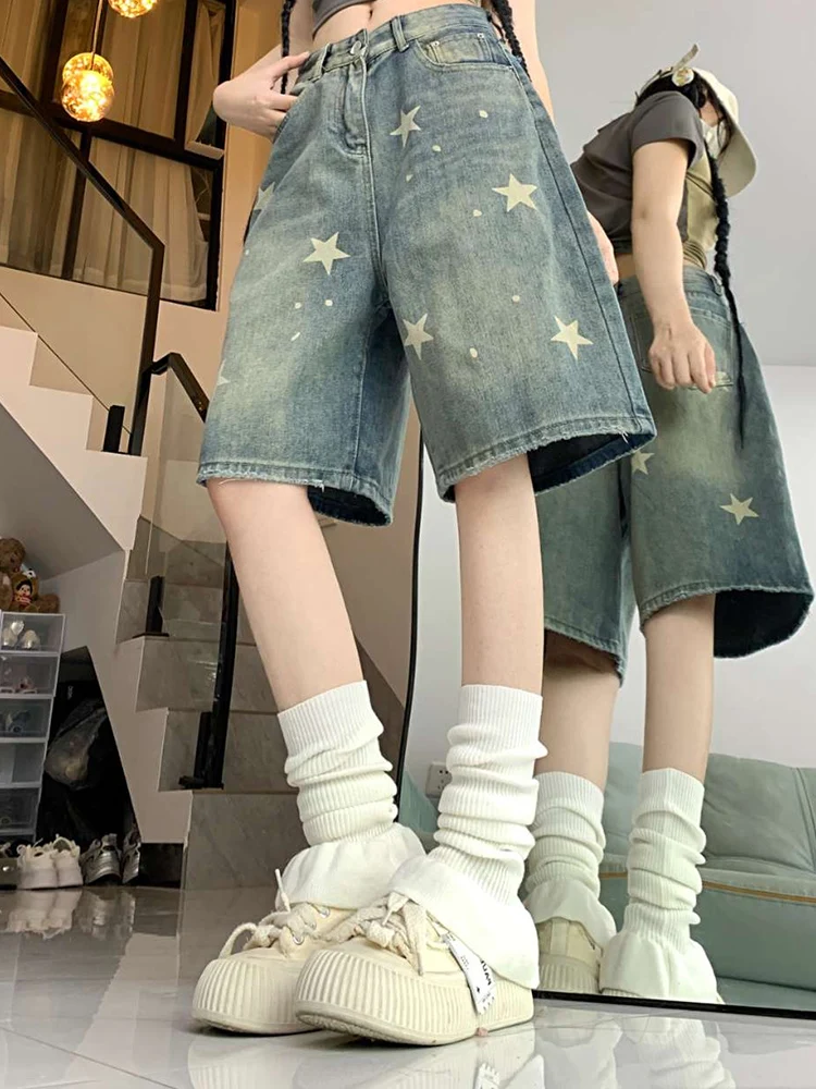 Vrouwen Hoge Taille Amerikaanse Retro Gewassen Wijde Pijpen Jeans Meisjes Straat Doen Oude Ster Losse Denim Broek Vrouwelijke Blauwe Knielengte Shorts