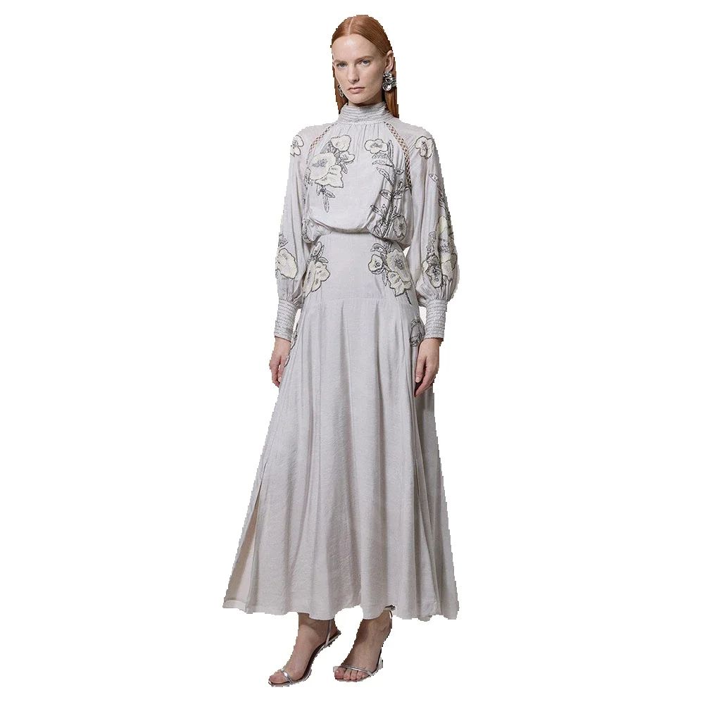 Customized Vintage Silver Prom Dresses Ankle Length Wedding Party Dresses Long Sleeves High Neck Evening Gowns 2025 Side Slit