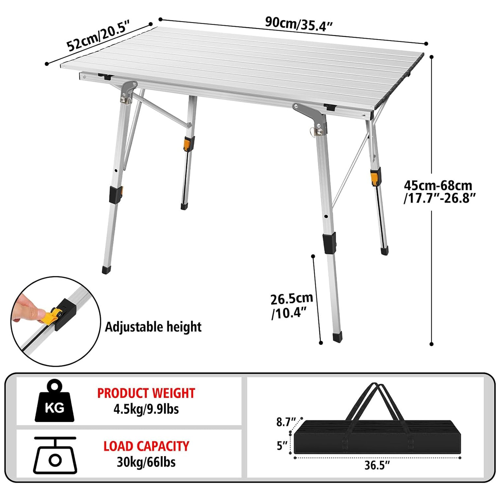 Portable Camping Tables 3FT Aluminium Fold Up Collapsible Picnic Folding Table for Outdoor Garden BBQ, Height Adjustable Leg
