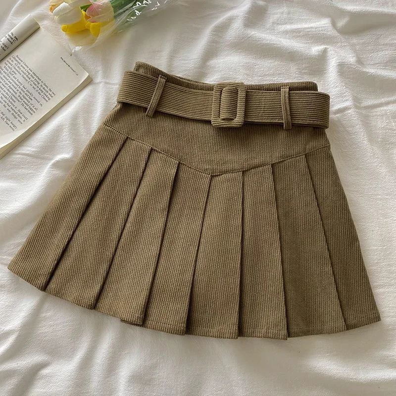Falda plisada con cinturón de cordón para mujer, minifalda plisada con textura de pana y cinturón, traje escolar de Otoño Invierno para adolescentes y adolescentes