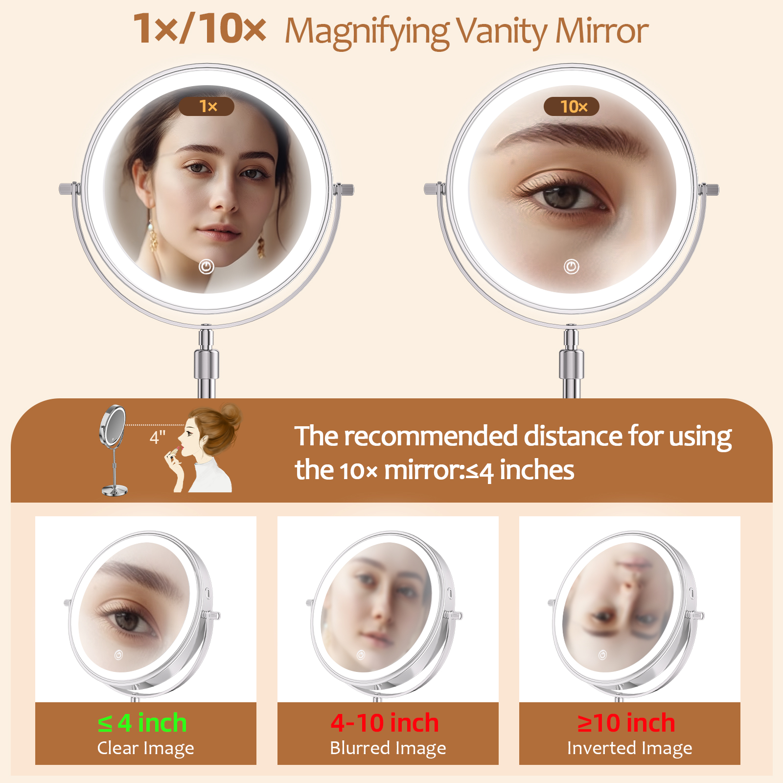 Espejo de maquillaje con lámpara de luz, 8 pulgadas, aumento de 10X, 3 luces de Color, brillo ajustable, altura de pie, espejo cosmético